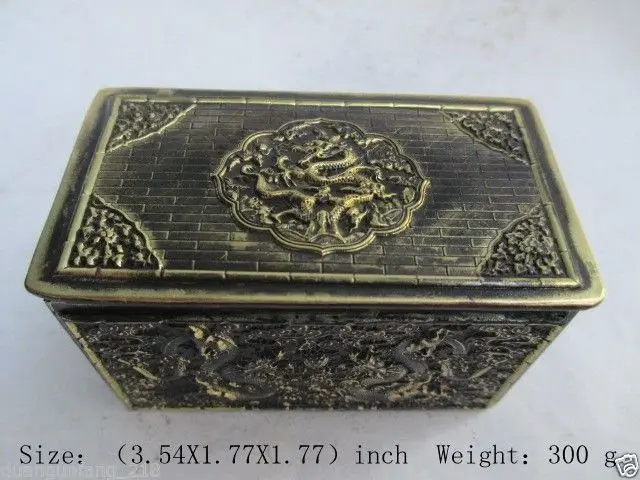 Details about   China antique wooden leather Dragon Phoenix YUANBAO Bronze lock jewelry box 