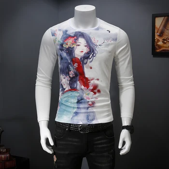 

Chinese style beauty pattern 3d print high-end long sleeve t shirt Autumn 2018 New quality tencel soft elastic t shirt men M-4XL