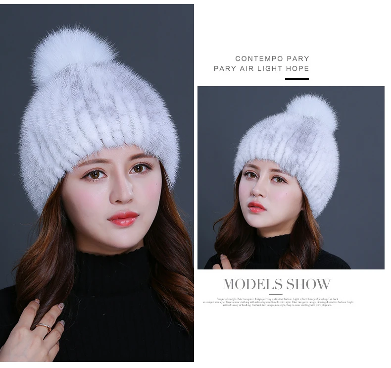 Winter hats Real Mink Fur Fat For Women Knitted Natual fur Beanies Female Thick Warm With Hat Fox Fur Pompom RC1349 (17)