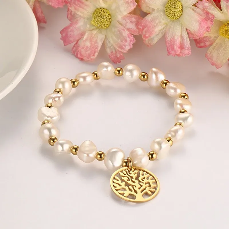 Irregular Freshwater Pearls Bracelet Wishing Tree Pattern Stainless Steel Bracelets & Bangles For Women Party Jewelry