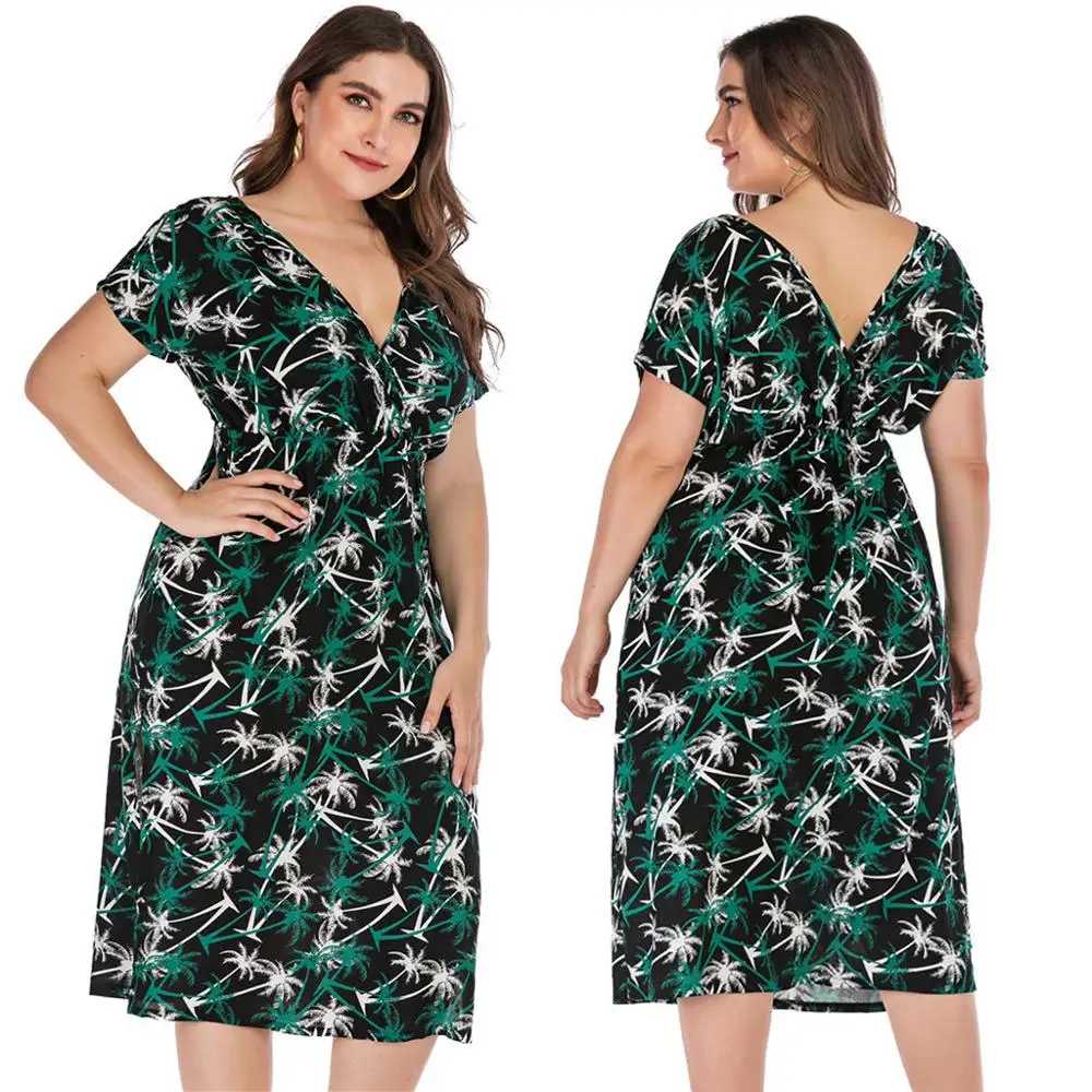 

NEW women summer dress plus size 4xl 5xl Summer Womens Fashion Casual V-Neck Short Sleeve Print Dress Mid-Calf Dress Plus Q60