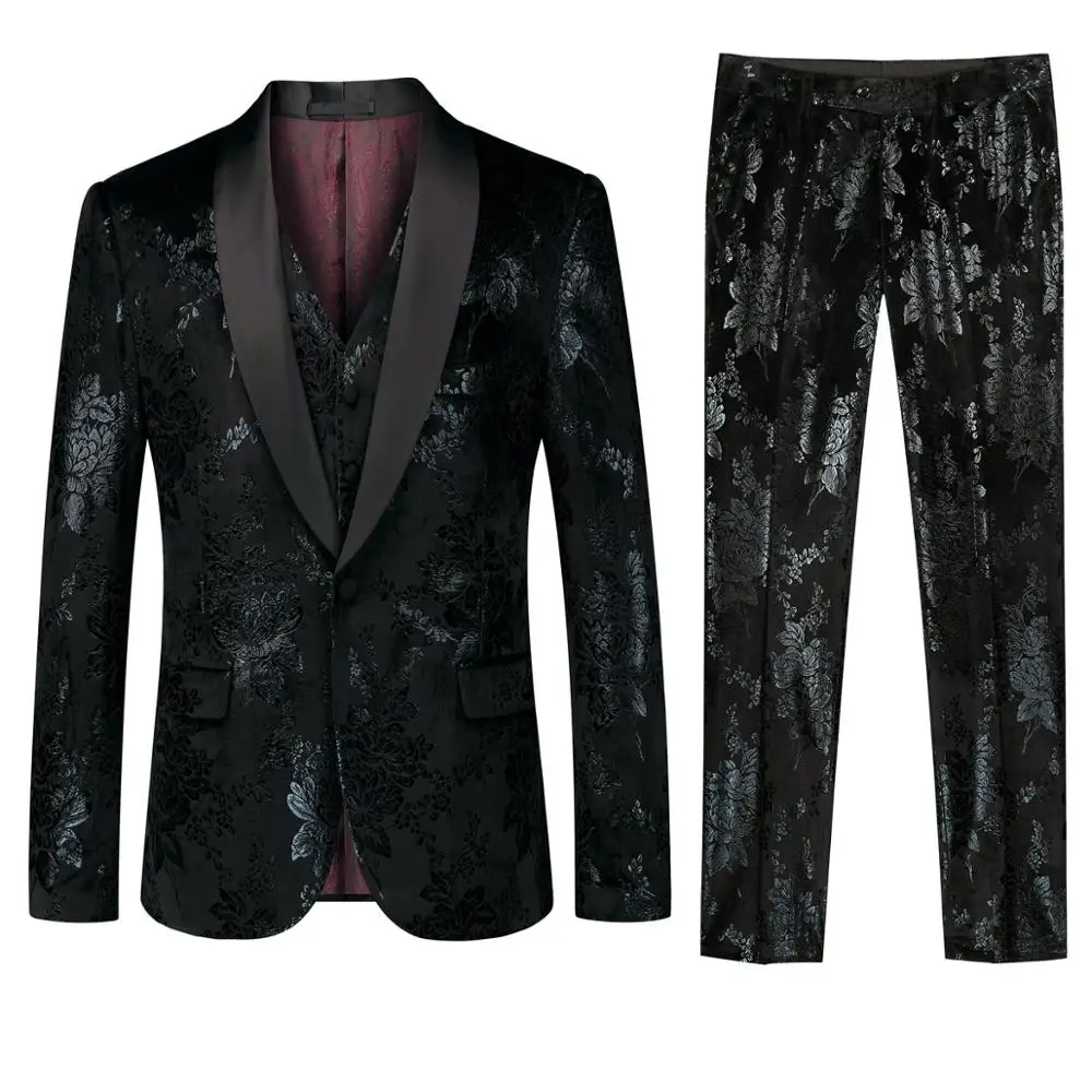 

2019 Fashion Mens Suit Slim 3 Pieces Suit Blazer Business Wedding Party Male Jacket Vest with Pants Plus Size Pattern Suit Set