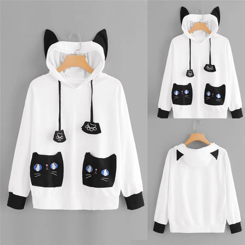 Kawaii Woman Hoodies Long Sleeve Hoody Cat Print Hoody Ladie Pocket Hooded Sweatshirt Pullover Sudaderas Wholesales #F#40AT2903