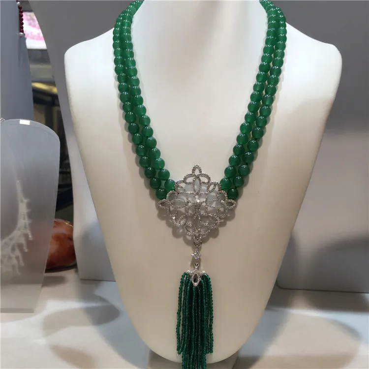 

New style 2rows green stone tassel necklace micro inlay zircon accessories clasp fashion jewelry