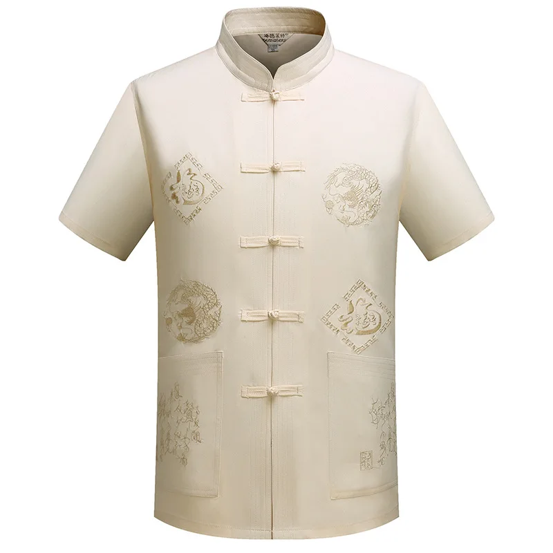 

Mandarin Collar Kung Fu Tai Chi Uniform Traditional Chinese Dragon Clothing Tang Suit Top Summer Cotton Linen Shirt Men M-XXXL