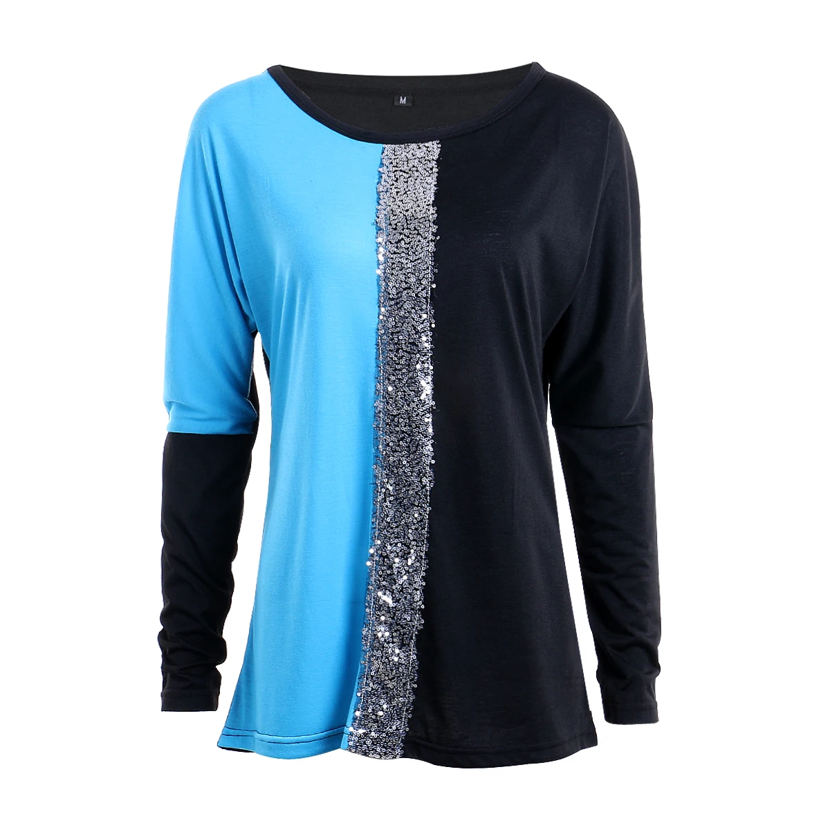 Женская свободная футболка с длинным рукавом Топы оверсайз футболка с открытыми плечами пуловер - Цвет: Синий