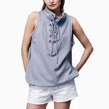 New 2017 Summer European Style Turtleneck Design Bandage Casual Sleeveless T Shirt Girl Navy Blue Grey Exercise Wear T-shirt