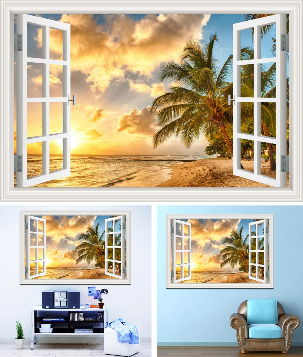 Летний пляж Кокосовая пальма 3D окно вид стикер пляж настенные фрески Съемный стикер стены для гостиной кухня плакат стены