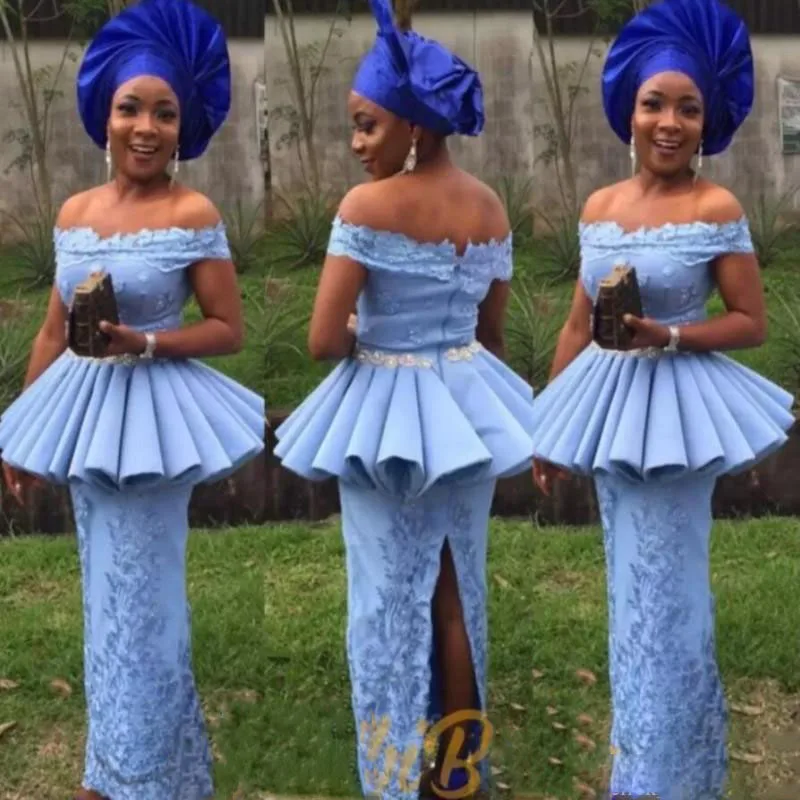 

African Mermaid Prom Dresses Off Shoulder Formal Women Wear Party Gowns Robe de soiree Peplum Sash Bead Split Back Evening Dress