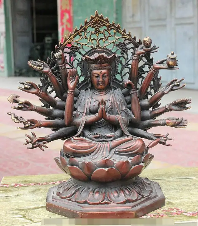 

song voge gem S7258 11 Tibet Pure Bronze 18 Hand Maha Cundi Mother Bodhisattva Goddess Buddha Statue
