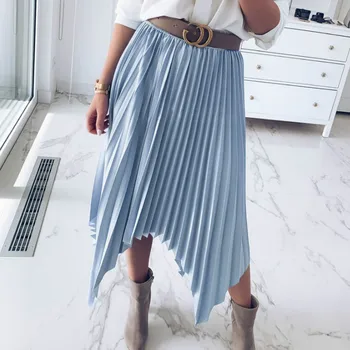 

2019 Spring Autumn Fashion Women's High Waist Pleated Solid Color Half Length Elastic Skirt Promotions Dropshipping No Belt
