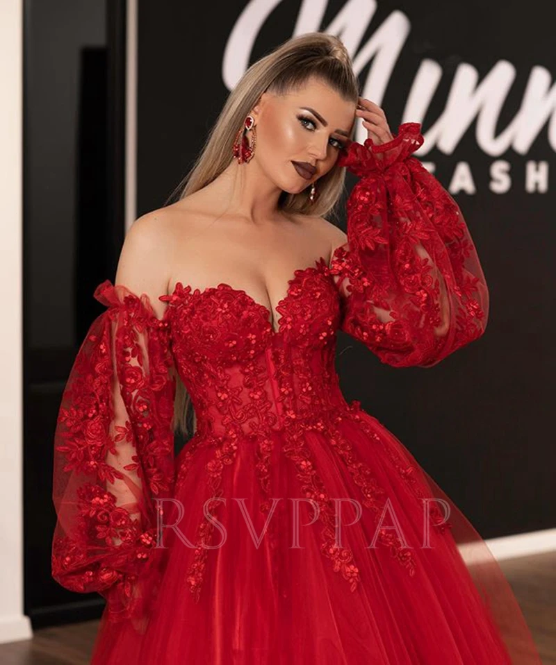 

Long Evening Dress 2020 Elegant Sweetheart Long Sleeve Lace Dubai Design Arabic Style Red Formal Evening Gowns