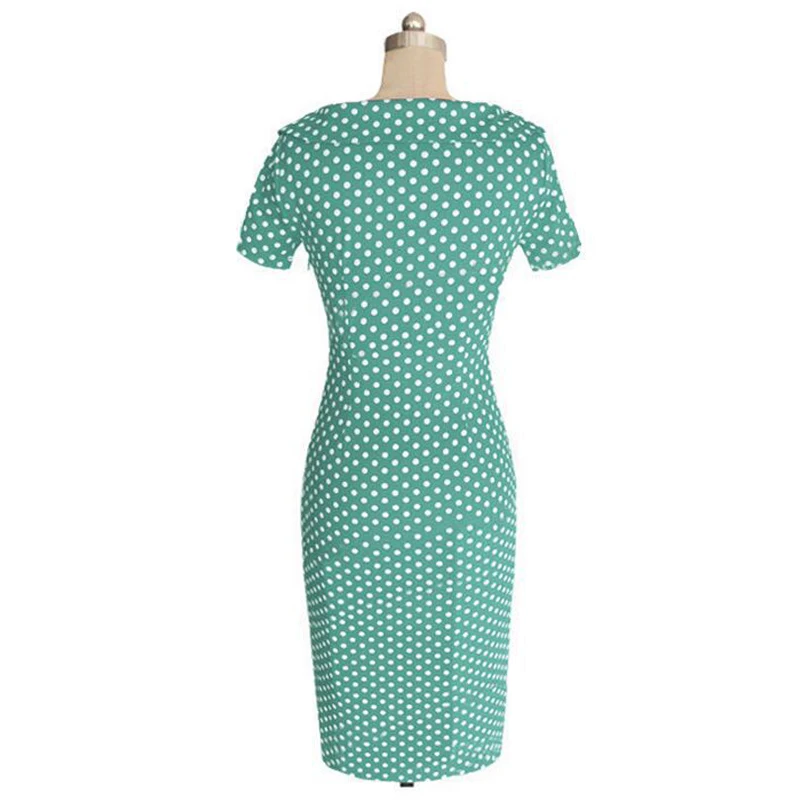 Kostlich V Neck With Bow Knot Dot Pencil Dress Short Sleeves Women Summer Dress Bodycone Party Dresses Casual Sundress  (9)