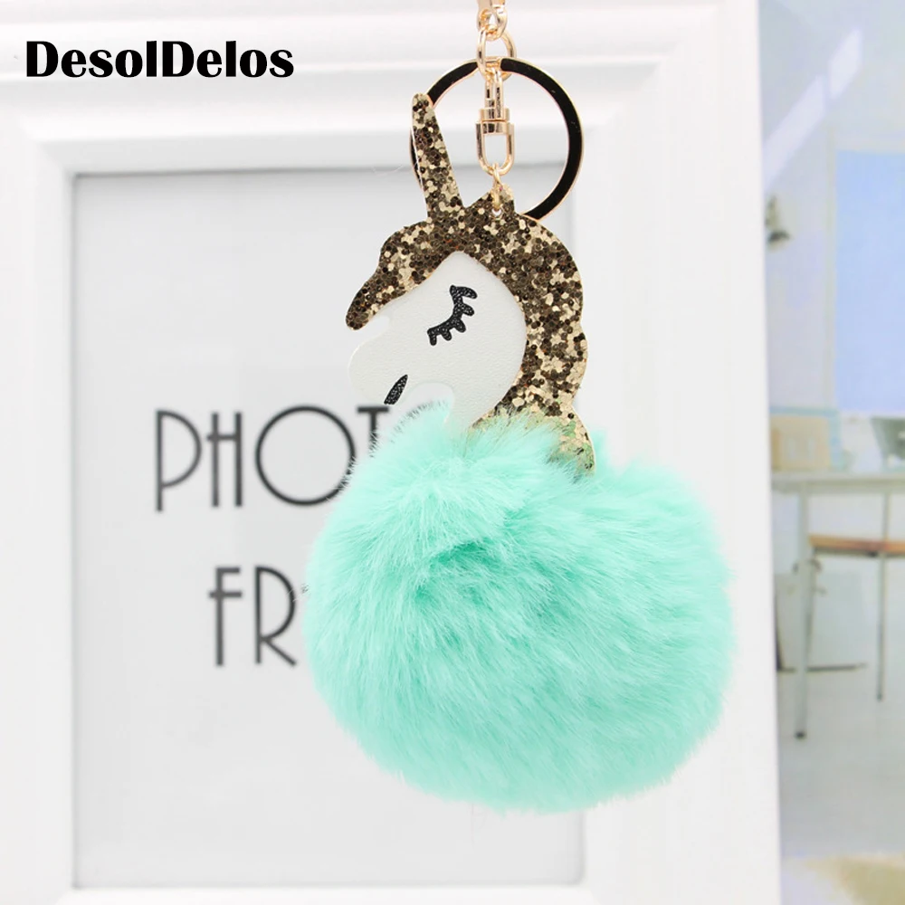 

Pompom Unicorn Keychain Colorful Pom Poms Fake Rabbit fur ball Fluffy licorne Key Chain Horse porte clef Wome Bag Car Keyring