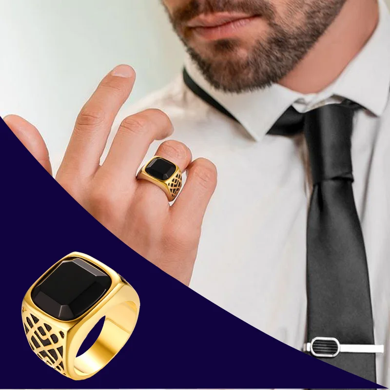 Мужское квадратное черное сердоликовое полудрагоценное кольцо-печатка с камнем золотого цвета из нержавеющей стали для мужских ювелирных изделий Anillos аксессуары