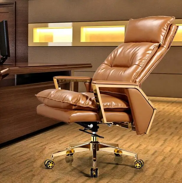 Gold leather boss chair Can lie at the noon hour home office chair The ergonomics of large swivel