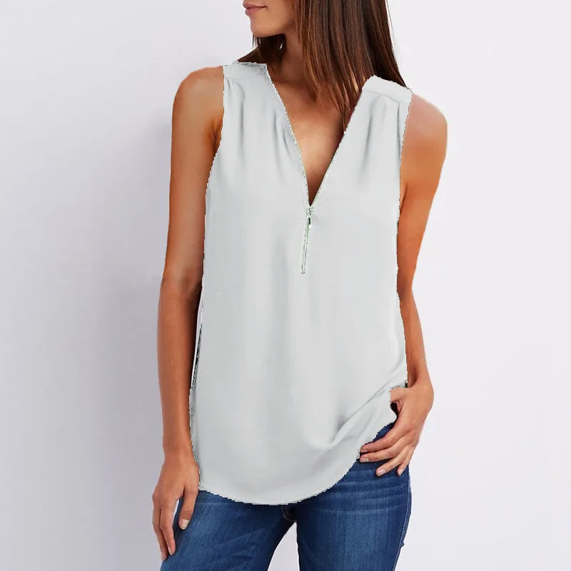 Plus Size S-5XL Chiffon Blouse Women Shirt Summer Sexy Sleeveless V Neck Zipper Blusas Casual Loose Tees Tank Tops Ladies Shirt womens shirts Blouses & Shirts