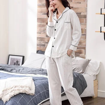 

Women's Striped Cotton Pajama Sets Casual Long Sleeve Shirt Pants 2pcs Female Pyjama Suit Spring Autumn Ladies Homewear Nighties