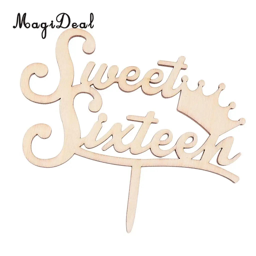 MagiDeal Delicate Design 1Pc Rustic Wooden Sweet Sixteen Cake Topper 16th Birthday Party Cake Decoration 15.5 x 13 x 0.4cm Brown