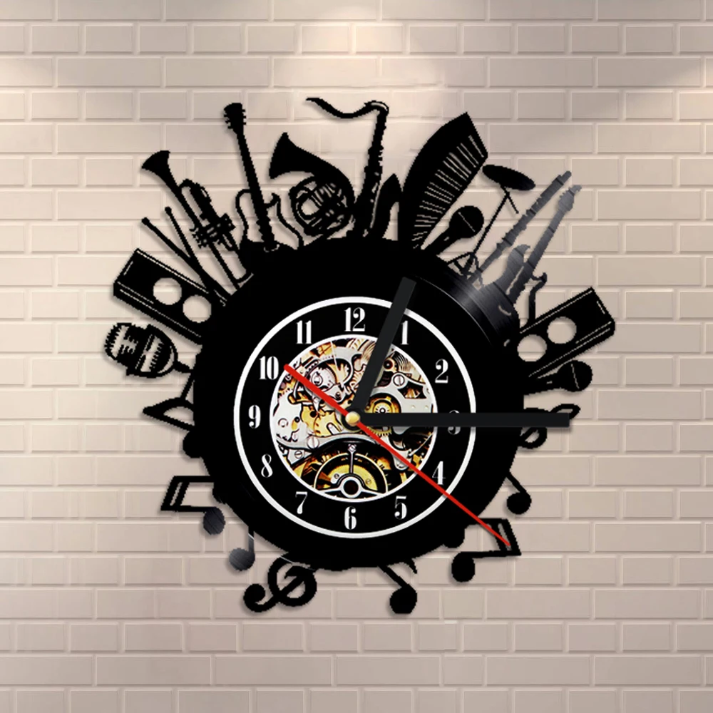 1Piece Musical Instruments Design Vinyl LP Record Wall Clock Laser Etched Handmade Vintage Music