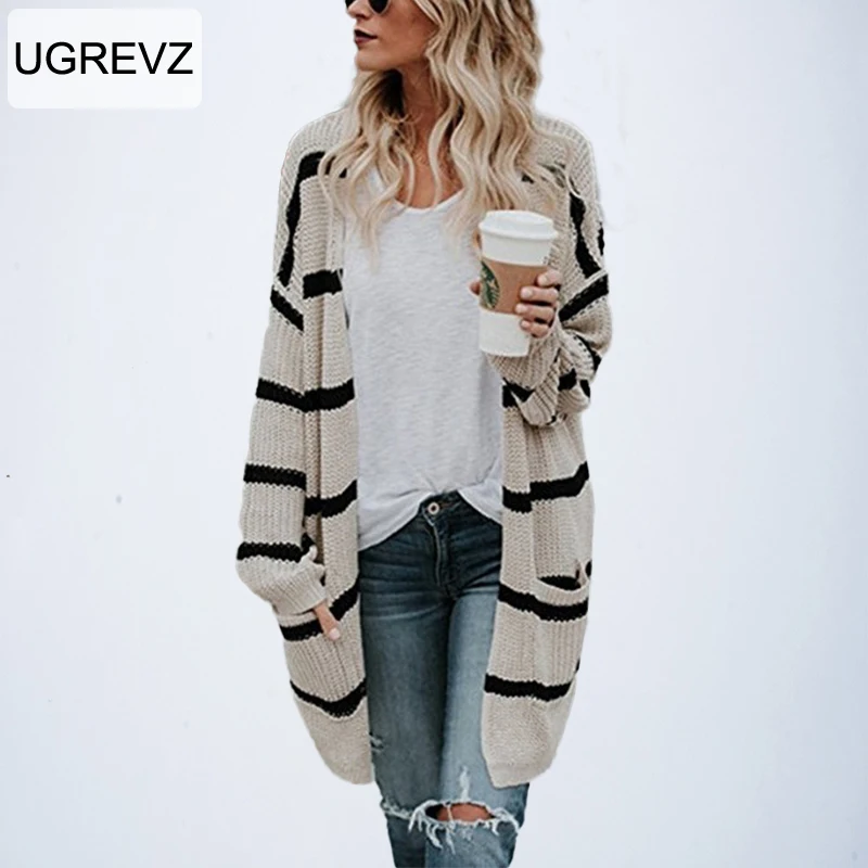 

2019 Spring Autumn Woman Striped Sweater Cardigan Coat Solid Open Neckline Long Coats Clothing Knitting Cardigans Sweater Coat