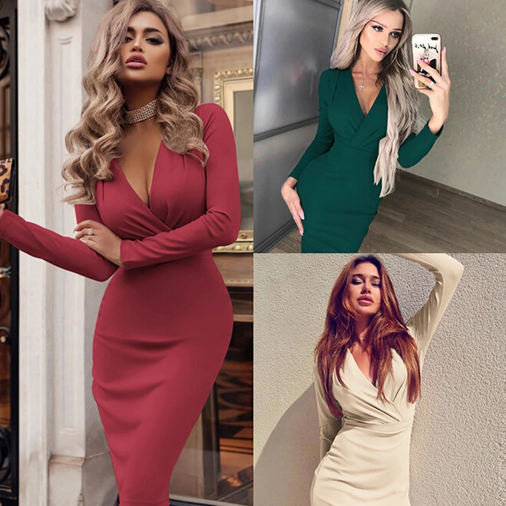 

European and American women's slim dress with deep v-neck drape covering buttocks and long sleeves as a base dress 2019 new