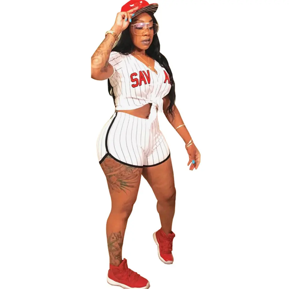 New Women Baseball Jerseys Short Sleeve Baseball Shirts Striped Letter Print V-neck Top Sexy Shorts Costume Set