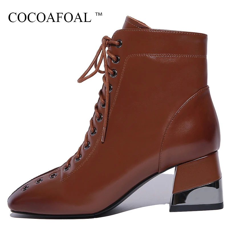 

COCOAFOAL Genuine Leather Square Toe Martin Boots Plus Size 43 Woman Winter Chelsea Boots Fashion Black Lace Up Ankle Boots 2018