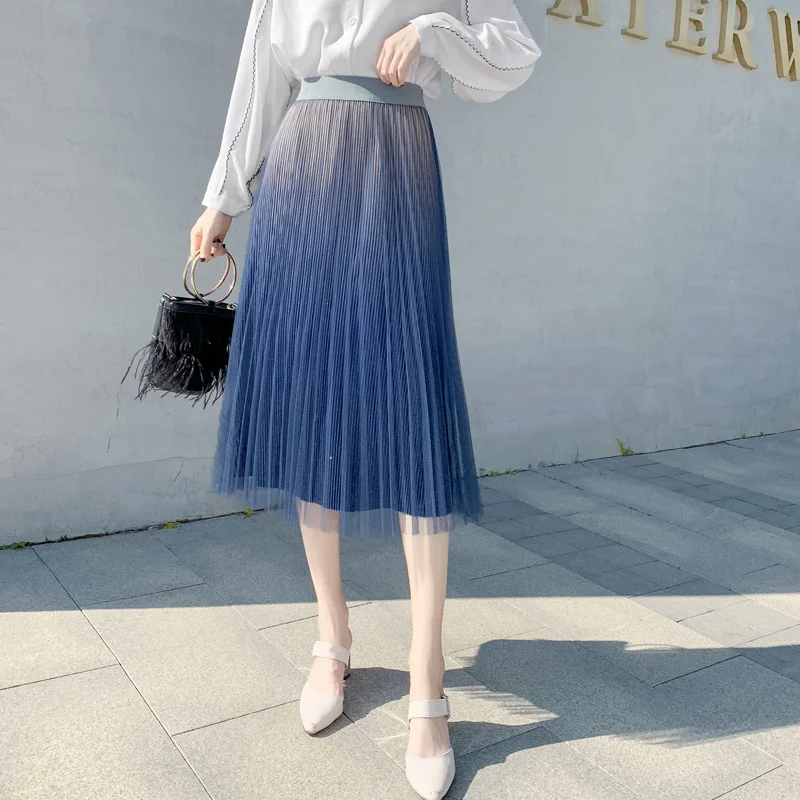 

Spring Summer Elastic Waist Gradient Color Women Pleated Skirt 2 Layers Mesh and Velvet Female Flare Skirt Femme Faldas Mujer