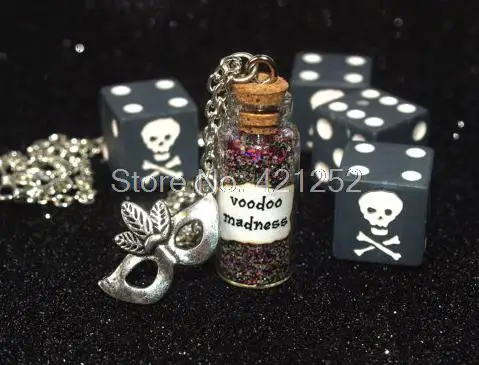 

12pcs Dr. Facilier Shadow Man, Voodoo Madness Magical glass Bottle Necklace with a Mardi Gras Mask Charm Inspired necklace