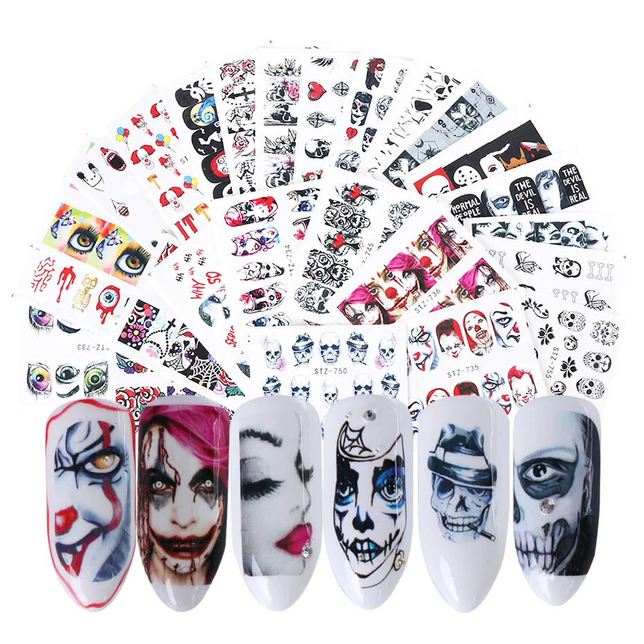 24 шт. крутые ползунки для Хэллоуина наклейки для ногтей DIY Водные Временные татуировки клоун череп дизайн для маникюра наклейки CHSTZ731-755