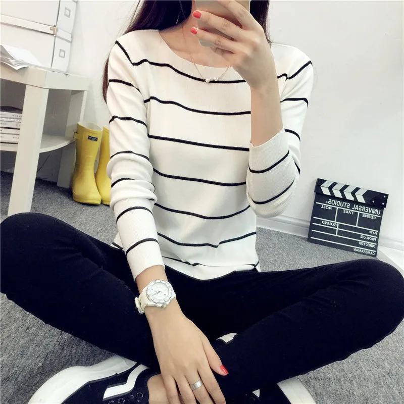 Korean Autumn Winter Female Sweater Slash Neck Long Sleeve Striped Maglioni Donna Inverno Women Sweaters Pullovers Kitwear
