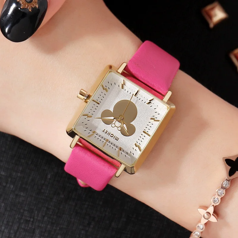 Микки Маус женские квадратные кожаные Кварцевые водонепроницаемые наручные часы disney Женские Простые модные элегантные часы хорошего качества - Цвет: WINE RED