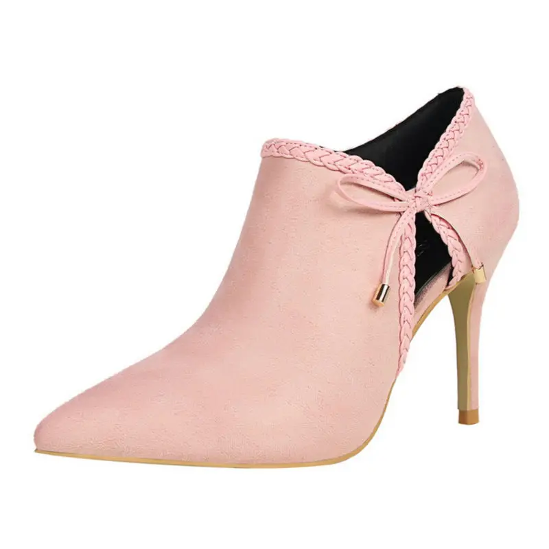 Thin Super High Heels Pointed Toe Women Shoes Bow Party Single Shoe Deep Mouth Flock Ladies