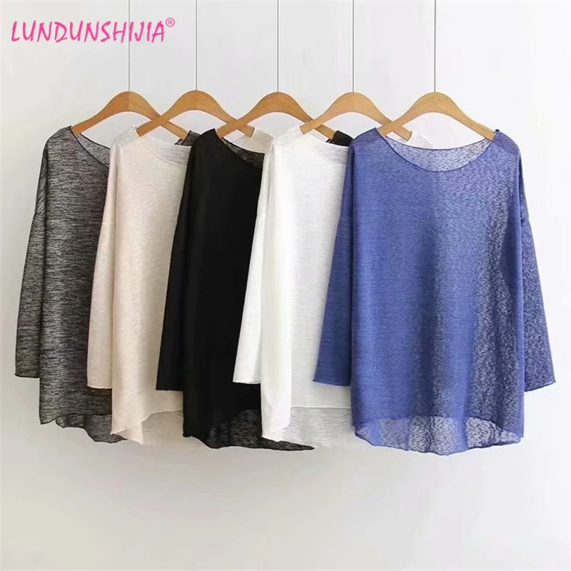

LUNDUNSHIJIA 2019 Summer Women Long Sleeve Loose Perspective T-shirts For Women Solid Knitting Female T-shirt 5 Colors