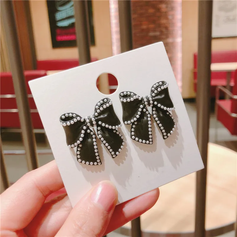 Корейские розовые серьги с черным бантом для женщин новые классические серьги-гвоздики ручной работы ювелирные изделия