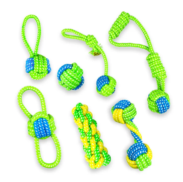 

Wholesale pet toy supplies dog toy green cotton rope molar tooth tooth rope ball dog toy set