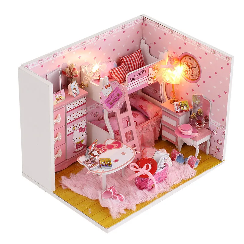 

DIY miniatura dollhouse Hello kitty Princess Room Miniature Doll House Model Building Kits Wooden Furniture Toys birthday gifts