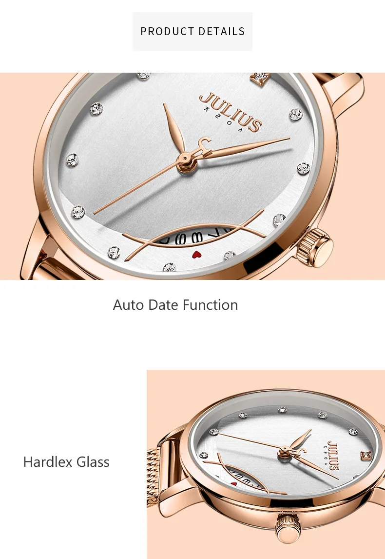 Тонкие Авто Дата из нержавеющей стали женские часы Япония Mov't Hours модные элегантные часы браслет девушки подарок на день рождения Julius Box