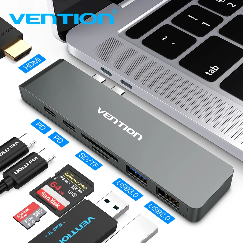 

Vention USB C HUB Dual Ports Type-C to HDMI 4K USB 3.0 SD/TF PD Thunderbolt 3 Adapter for MacBook Pro Air 2017/2018 Type-C HUB