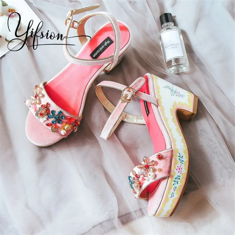 

YIFSION New Fashion Black Pink Women Summer Sandals Open Toe Crystal Buckle Chunky High Heel Women Sandals Party Shoes Woman