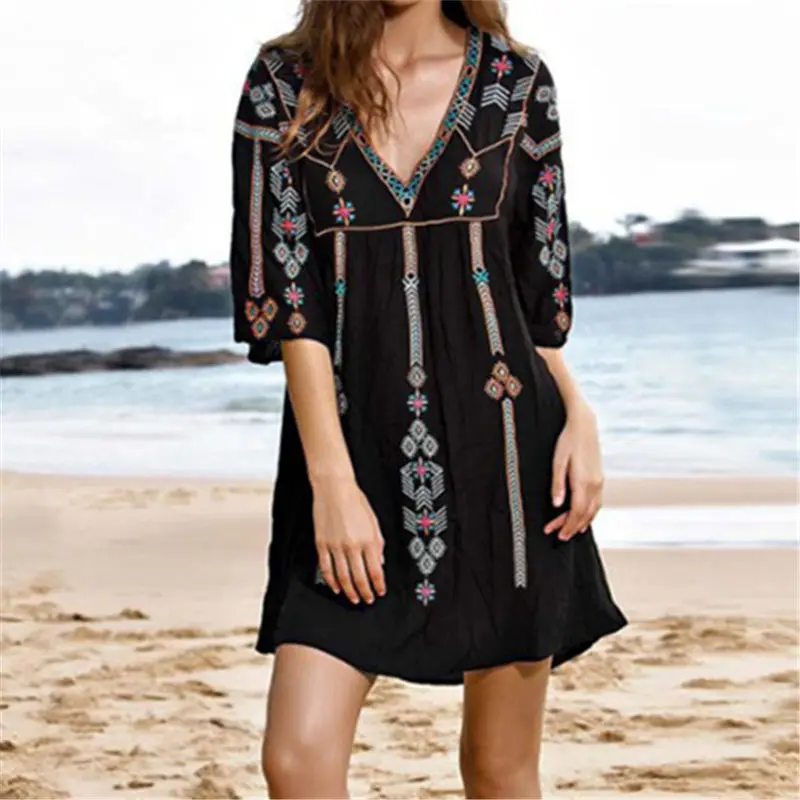 

Embroidery Cotton Beach Tunic 2019 Beach Cover up Saida de Praia Swimsuit Women Bikini cover up Pareo Sarong Beachwear #Q834