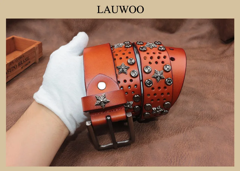 LAUWOO, настоящий роскошный бренд, ручная работа, металлический ремень в стиле панк, мужской ремень из натуральной кожи, cinto, мужской, Дамский, украшенный трендовым поперечным ремнем