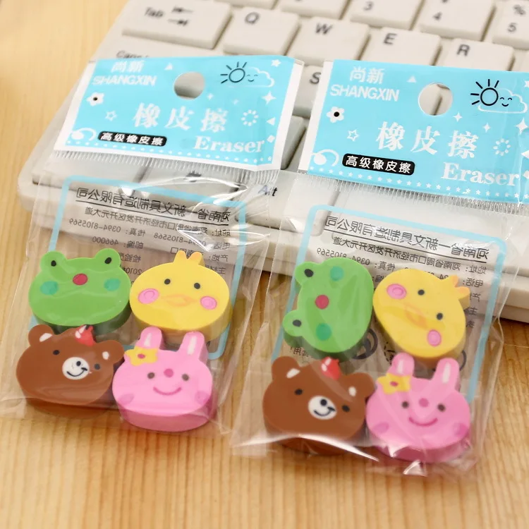 

4pcs/pack hot in 2018 Lovely Colored rabbit bear Eraser Office Stationery Square Box Eraser for Students Kids Creative Item Gift