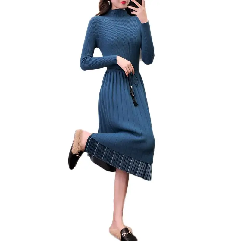 

2019 Spring Autumn Winter Women Knitted Dress Long Sleeve Sweater Dresses Female O-Neck Slim Pleated Long Bottoming Dress X127