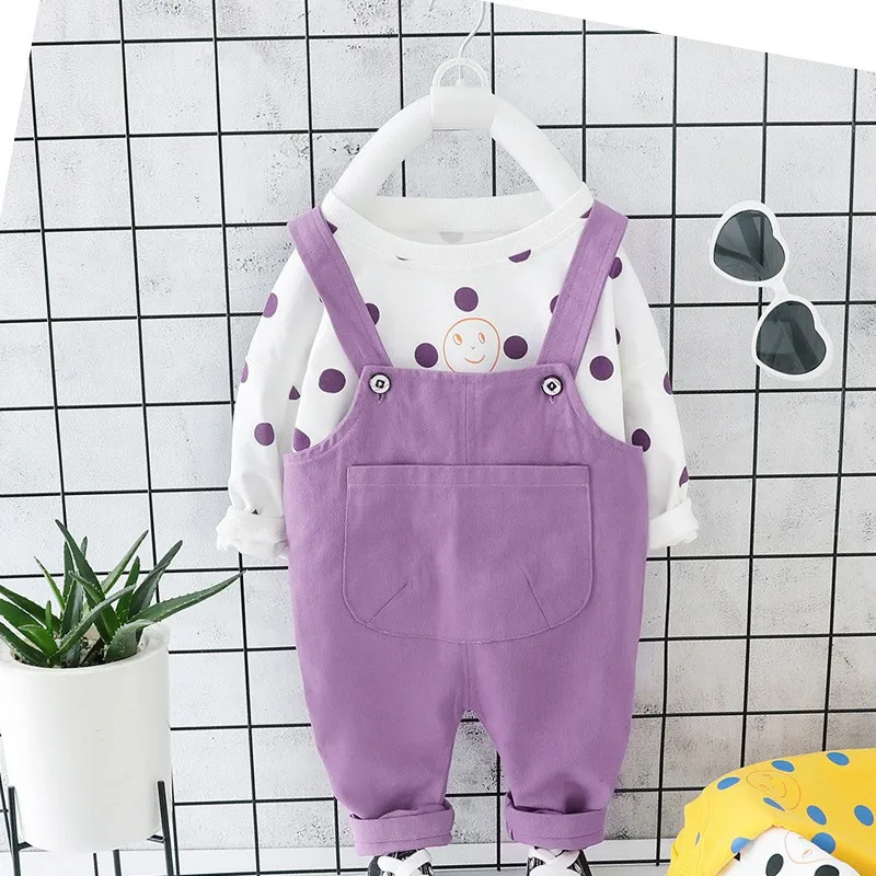 Повседневный осенний комплект детской одежды для маленьких девочек, футболка в горошек с длинными рукавами Топы+ Длинные Комбинезоны, штаны 2 предмета, для младенцев, S9405 - Цвет: Purple