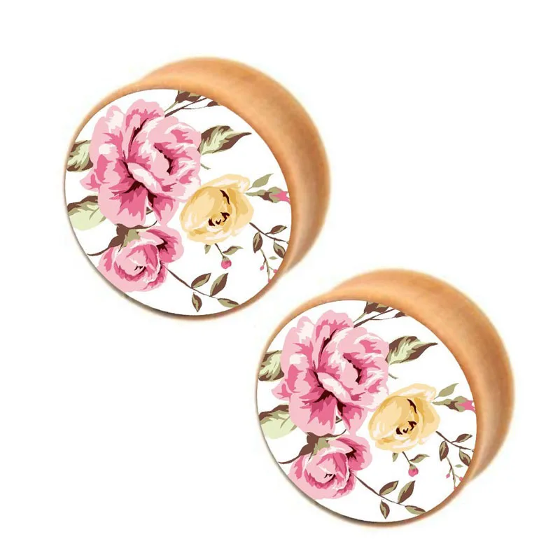 

1 pair flower Logo ear plug tunnels saddle ear plugs ear expander piercing wood flesth tunnel flare earring gauges 8mm-20mm