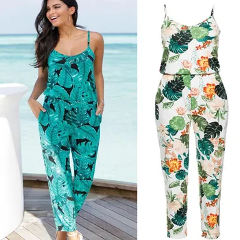 

Sexy Sleeveless Jumpsuit Women Long Rompers Bohemian 2019 Summer Floral Print Beach Overalls