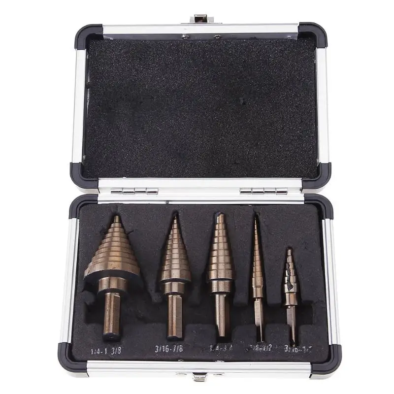 5Pcs Metric Spiral Flute Pagoda Shape Hole Cutter HSS Steel Cone Drill Bit Set HSS Steel
