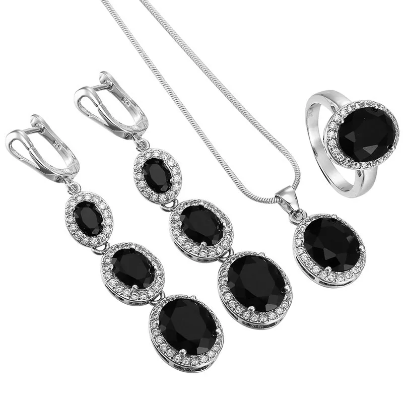 Черные сережки со стразами, кольца, ожерелья, наборы серебряного цвета, ювелирные наборы для женщин, свадебные ювелирные изделия, роскошные 3 шт., ювелирные наборы L5Z013 - Окраска металла: Jewelry Set